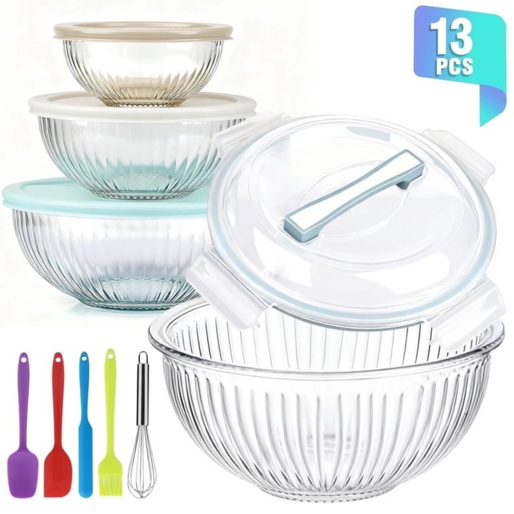 Glass Mixing Bowl Set with Lids and Silicone Utensils Ribbed Glassware